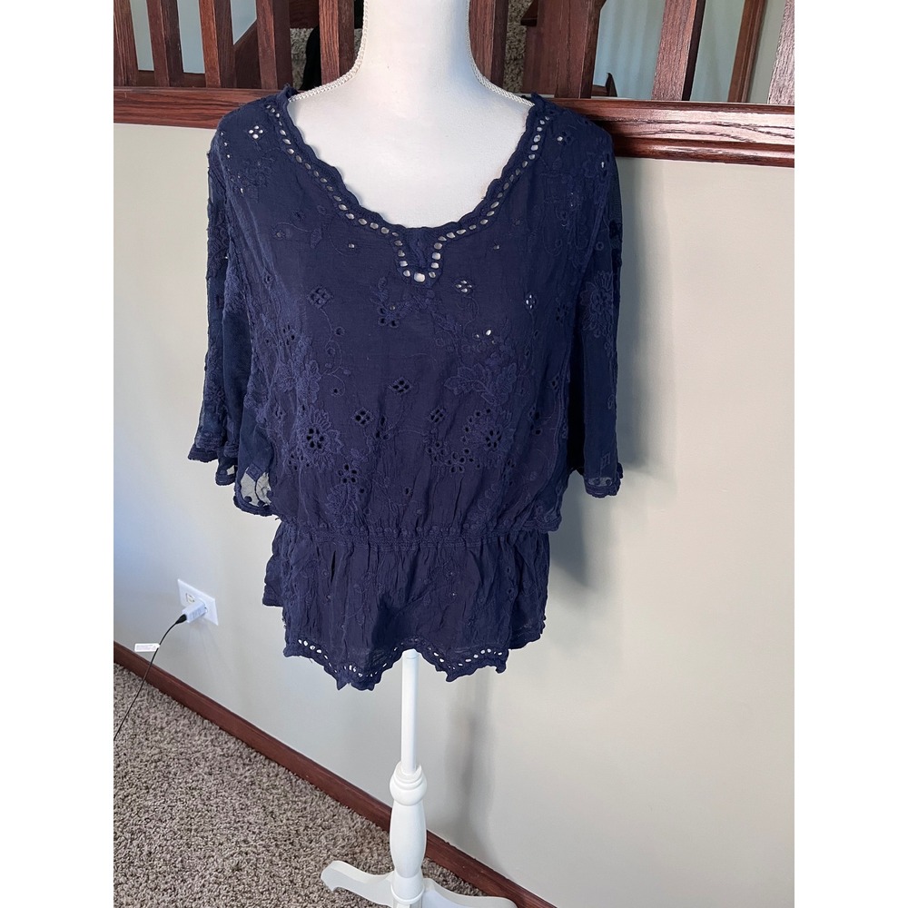 Cato Navy Blue Eyelet Embroidered Peplum Blouse V-Neck Dolman Sleeve Top